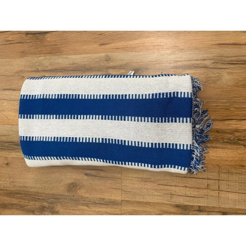 Mainstays Blue White Striped Throw Blanket Fringed Cotton Blend‎ 50x62